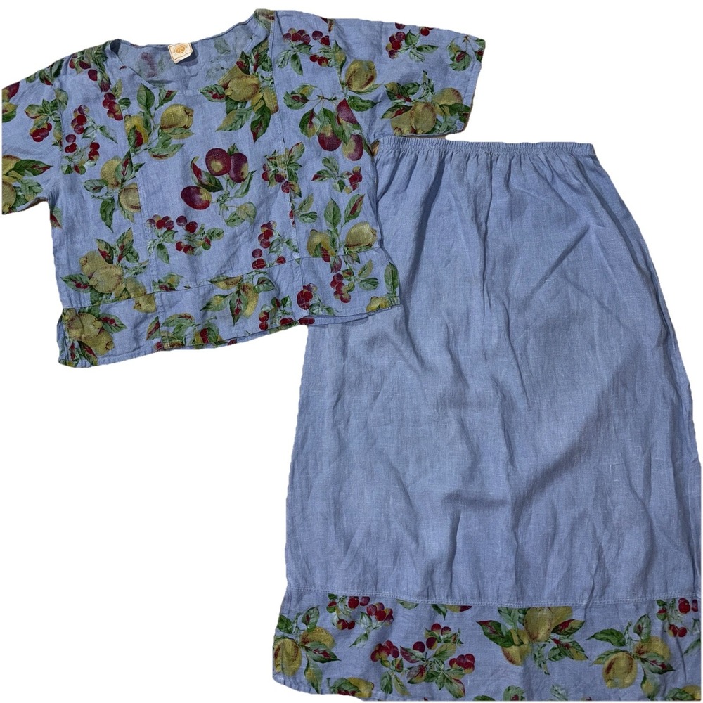 TomTom California L 100% Linen‎ Fruit Floral Emma Skirt Set Lagenlook Artsy Boxy